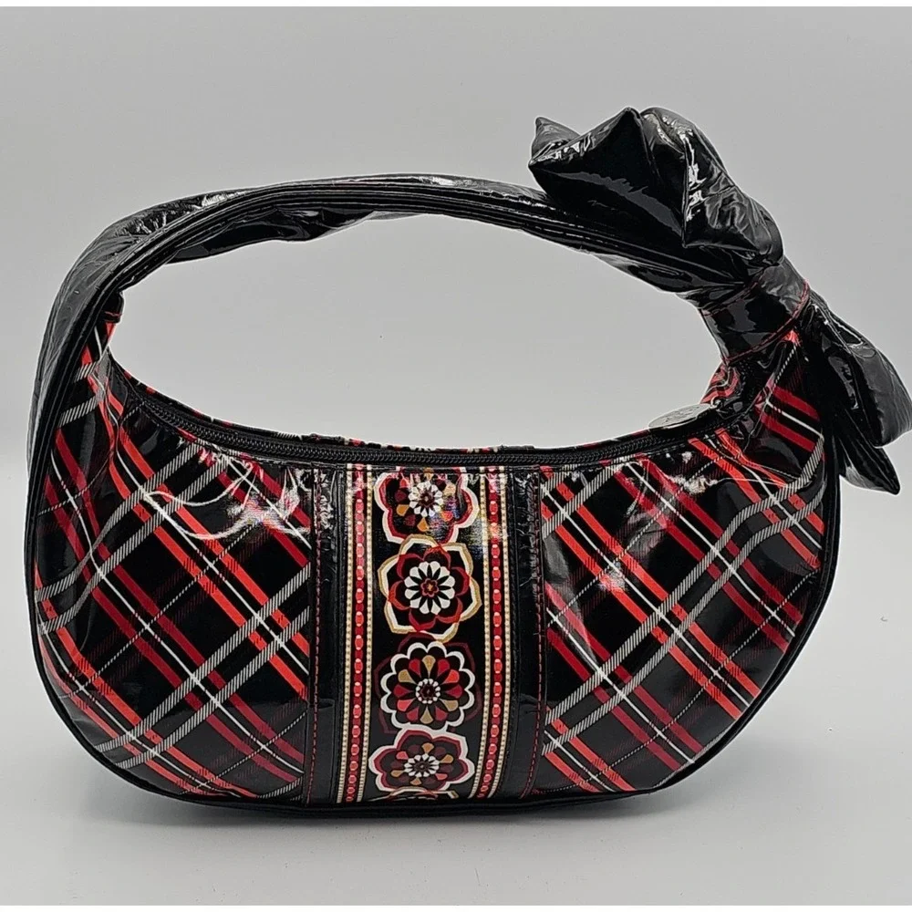 Vera Bradley Black Red Vinyl Hobo Shoulder Bag Bow Accent Fabric Lining Purse